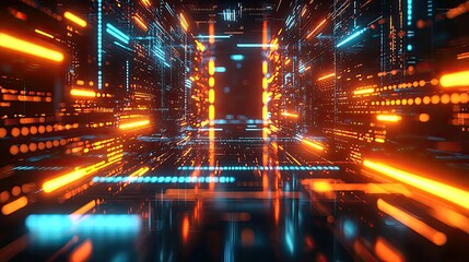 Neon abstract background idea. Futuristic digital corridor with vibrant neon lights and data streams.