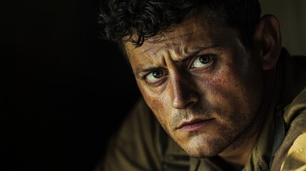 Emotional soldier portrait war zone dark moody vintage style intimate close-up chiaroscuro lighting effect