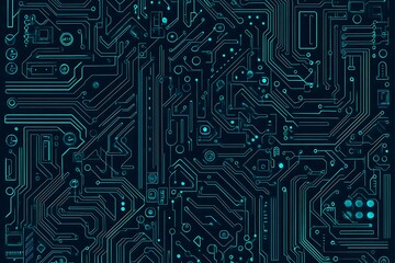 Abstract close-up of a glowing blue digital circuit board, showcasing intricate connections and technological design on a black background.
