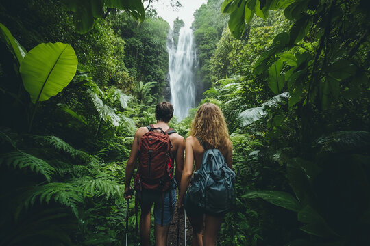 A couple joyfully exploring a breathtaking and lush jungle waterfall, surrounded by natures beauty. Generative AI