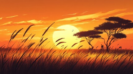 A silhouette of two trees and a person against an orange sunset over a field of tall grass.