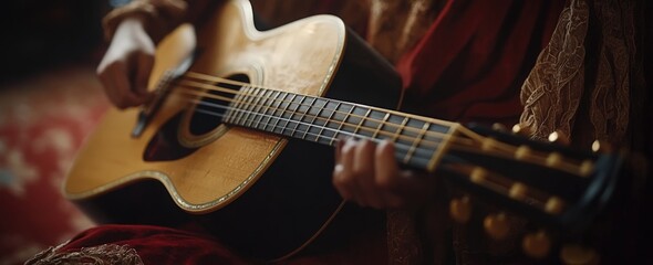 Fototapeta premium Close-up of an acoustic guitar highlighting rich colors and warm lighting