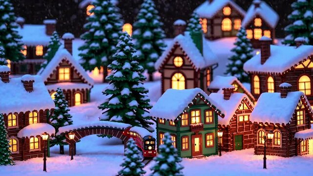 4k miniature christmas village set , hobby, engine, railroad, white, small, transport, vintage, closeup, child, house, little, new year, celebration, holiday, background, design, banner, winter, card,
