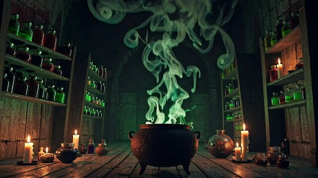 Mystical Cauldron green smoke pumpkin spooky, potion, horror, witchcraft, mystical, october, cartoon, illustration, party, vector, black, halloween, sorcery witch magic hat holiday wizard illustration
