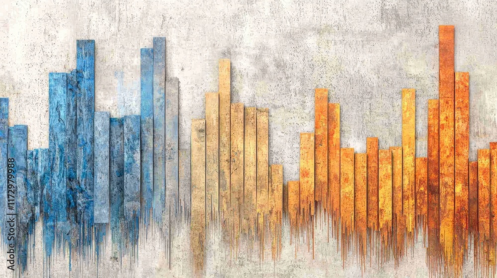 Poster abstract color bars representing sound waves or data visualization against textured background