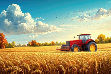 Obraz premium Red tractor harvesting wheat in autumn field under cloudy sky