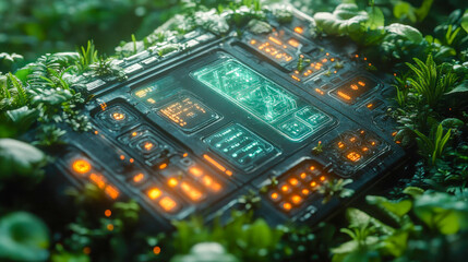 A futuristic control panel embedded in overgrown vegetation, representing advanced technology merging with nature