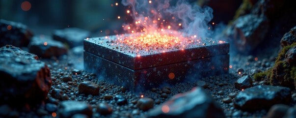 A shimmering veil of glittering mist surrounds an ancient relic in darkness, shimmer, alchemical, darkness