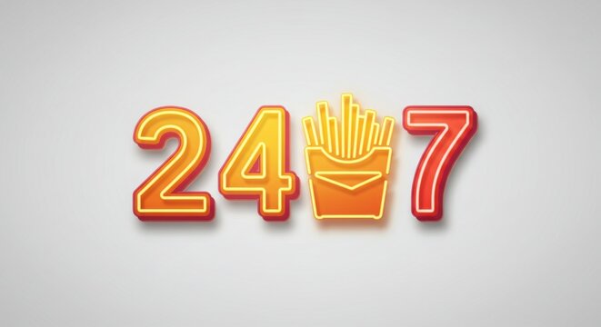 24 7 Neon Sign with French Fries Icon on White Background