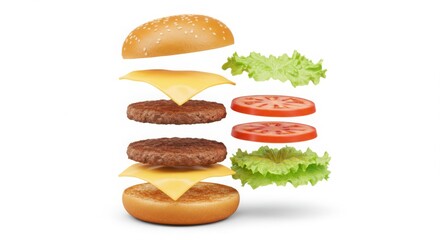 Exploded View Hamburger with Flying Ingredients on White