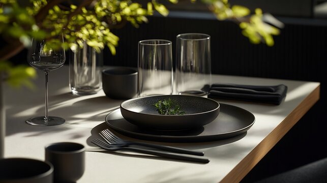 Elegant Dark Table Setting with Greenery Accent