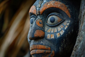 Maori traditional carved sculpture showing intricate details and vibrant colors