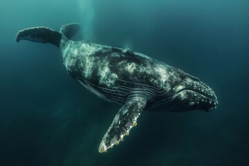 Humpback whale swimming in deep blue ocean