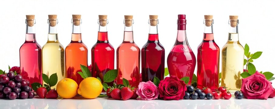 Batalla de colores con botellas de vino variadas en un fondo blanco, tableta, lata, decoraci?n