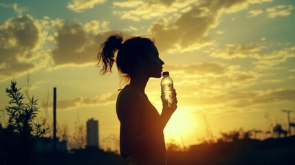 Young woman drinks water after exercise. Sunset silhouette highlights her healthy lifestyle.