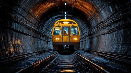 Naklejka premium A yellow train emerges from a dark tunnel, illuminated by overhead lights.