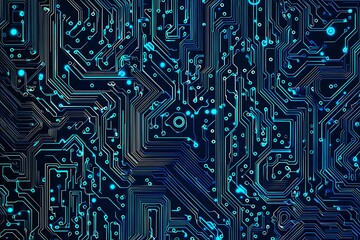Abstract close-up of a glowing blue digital circuit board, showcasing intricate connections and technological design on a black background.
