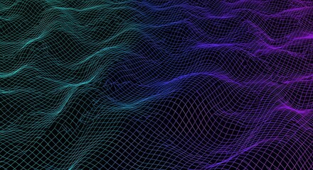 Obraz premium A digital grid glowing in neon colors on a dark background, Smooth 3D Landscape Waveform Terrain Grid Abstract Background, Vibrant neon waveforms in a digital starry landscape