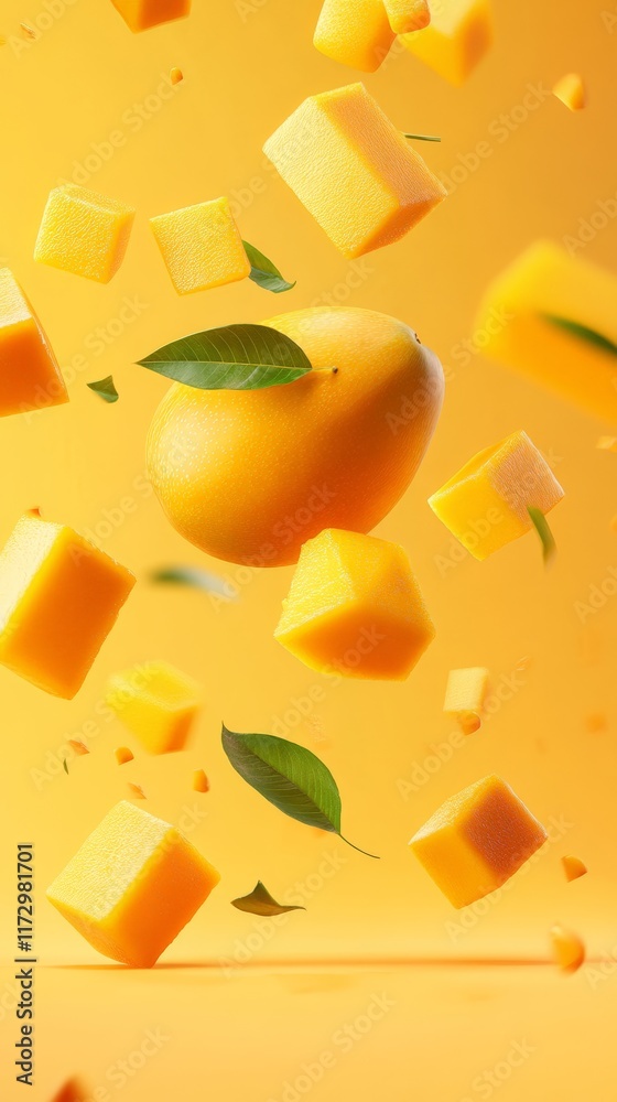 Poster whole ripe mango and several mango cubes are levitating on a vibrant yellow background, accompanied 