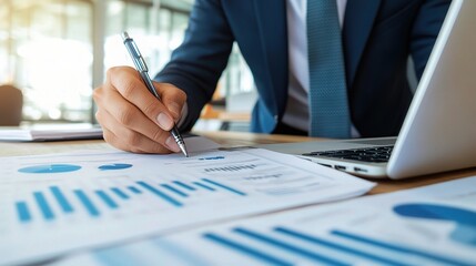 Professional working on project with documents and laptop in office