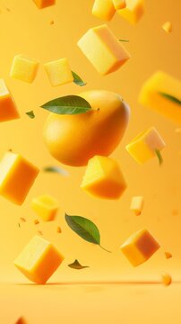 Whole ripe mango and several mango cubes are levitating on a vibrant yellow background, accompanied by fresh green mango leaves, creating a visually appealing composition