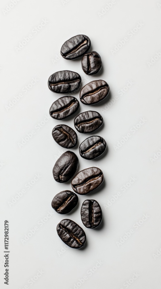 Poster dark roasted coffee beans are levitating and arranged in a vertical line on a minimalist white backg