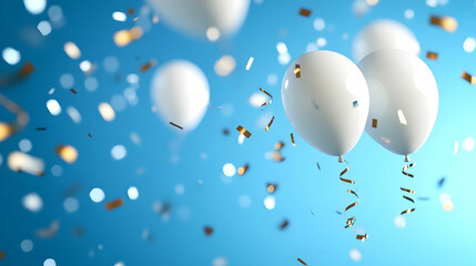 Fototapeta premium White balloons float amidst gold confetti on a blue background, celebrating a joyful occasion; ideal for festive advertising