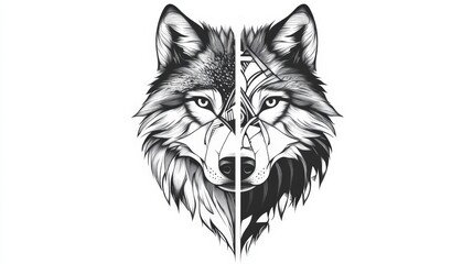 Fototapeta premium Artistic Wolf Head Divided Symmetrically in Black and White