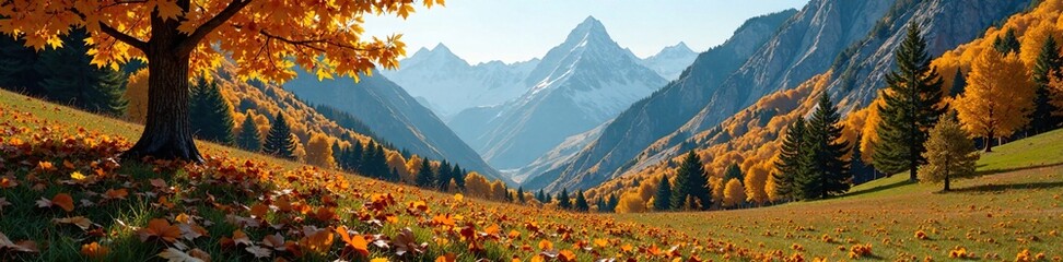 Fototapeta premium A carpet of golden larch leaves underfoot amidst the Alpine mountains, larch, evergreen tree
