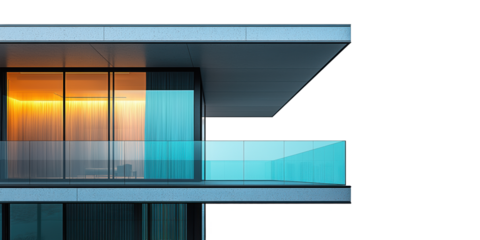 Modern architectural structure with glass balcony isolated on transparent background