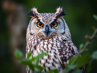 Obraz premium Majestic owl with striking orange eyes and detailed plumage, seen in its natural forest habitat surrounded by vibrant green foliage, embodying wildlife, nature, and beauty.