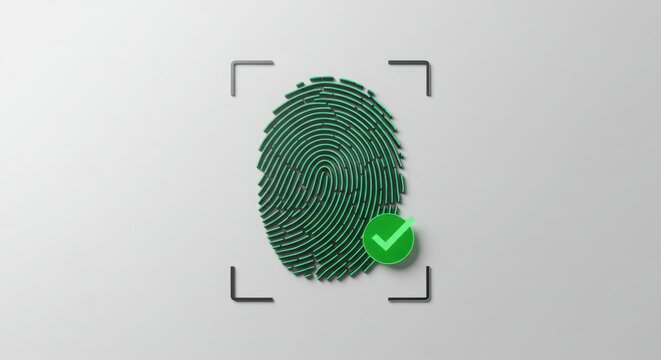 Green Fingerprint Scan with Check Mark on White Background