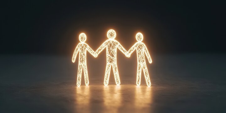 Illuminated figures representing unity and friendship in a dark space.