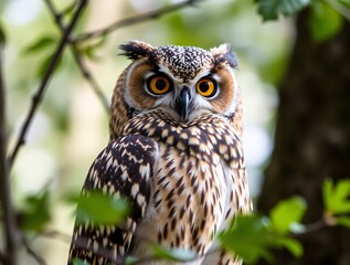 Obraz premium Majestic owl with striking orange eyes and detailed plumage, seen in its natural forest habitat surrounded by vibrant green foliage, embodying wildlife, nature, and beauty.