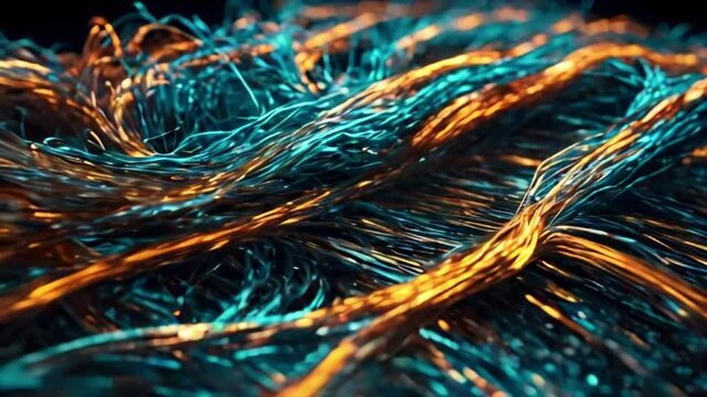 A network of 3D, wireframe optical fibers glowing electrical signals flowing, glowing light flux continually shifts patterns, embodying data exchange, 4k High-Quality background animation video