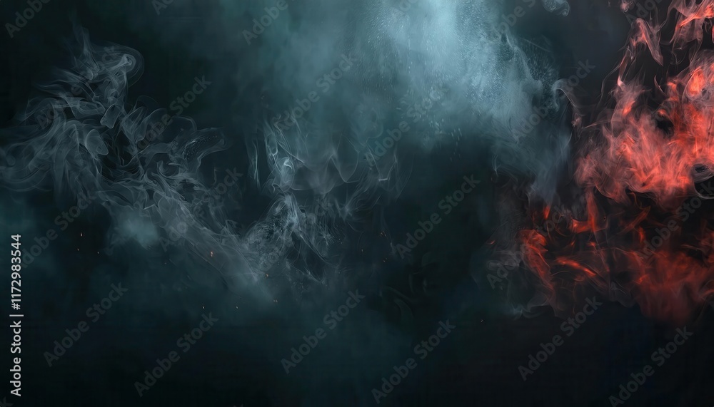 Poster abstract smoke in blue and fiery red tones creating a mystic, ethereal contrast of opposing elements
