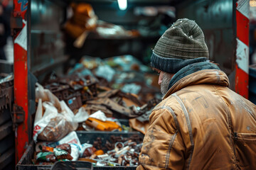 Fototapeta premium Man Searching for Food in a Dumpster Filled with Waste and Discarded Produce