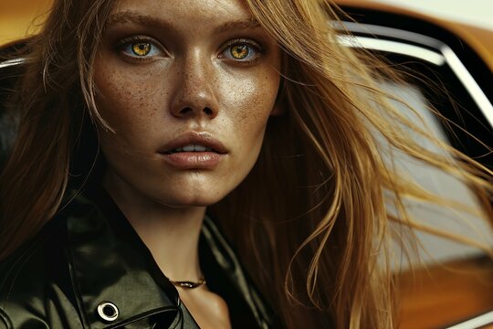 portrait d'une femme rousse aux yeux jaunes