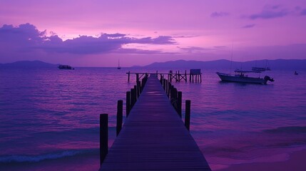 A peaceful boat dock on Koh Samet at twilight, with soft purple skies and dim lights on the water.