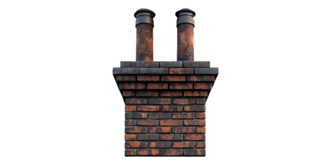 Brick chimney with twin smoke stacks isolated on transparent background