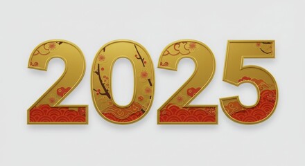 Year 2025 Gold Numbers with Floral Pattern and Red Accents