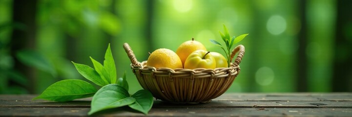 Bamboo basket with a cocoon and surrounding leaves, leaves, foliage, organic