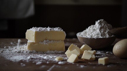 Ingredients for baking butter, flour, and an egg arranged on a rustic table.