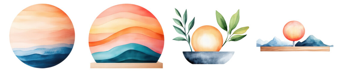 Watercolor collection of inspiring and vibrant abstract art pieces featuring sunset and nature themes for creative projects., eco-friendly products, clipart style, PNG transparent