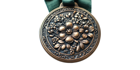 Bronze medal with floral design isolated on transparent background