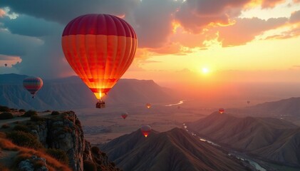 Obraz premium Fiery balloon ascends slowly over vast terrain, fire, burner, altitude