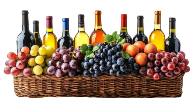 Assorted wines in wicker basket isolated on white background