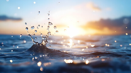 Ocean water splash at sunset, golden hour light reflecting on water surface, peaceful seascape, ideal for travel or nature publications