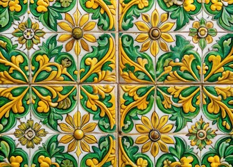 Mediterranean Floral Mosaic Ceramic Tiles: Intricate Green & Yellow Design