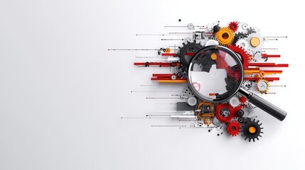 Obraz premium Creative abstract composition featuring magnifying glass and colorful gears on white background